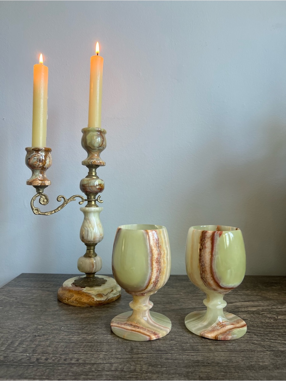 Pair of Vintage Marbled Green Onyx Goblets